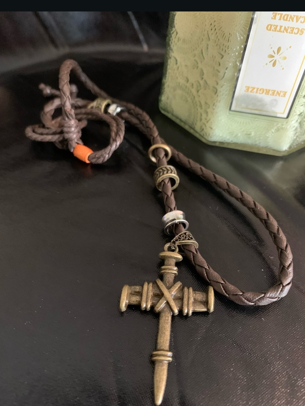 Brown Braided Leather Necklace with Bronze Cross Pendant